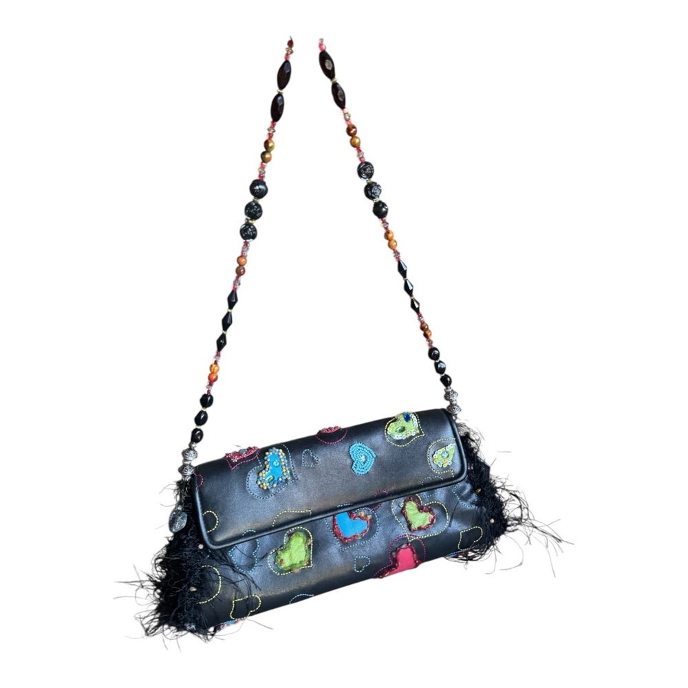 Rare! Vintage Mary Frances Black Shoulder Bag Beaded Colorful Heart Accents - Picture 5 of 17